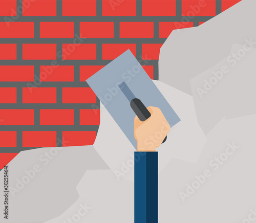 Man hand plastering concrete at wall of house construction. Flat illustration of construction worker with long trowel plastering a wall.