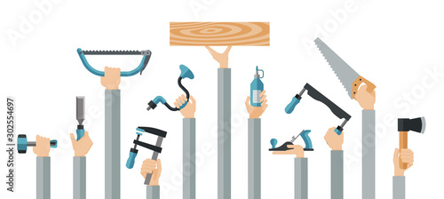 Flat design illustration of hands holding carpentry tools. Vector illustration set of master tools for wood.