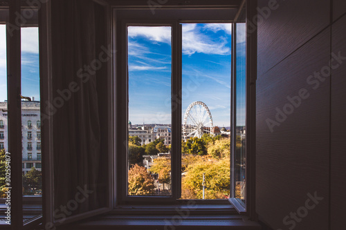 View from the window to Budapest Eye and St. Stephen s Basilica in Budapest  Hungary