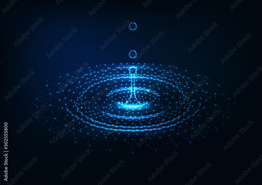Futuristic glowing low poly falling water drops and water circle ripples on dark blue background.