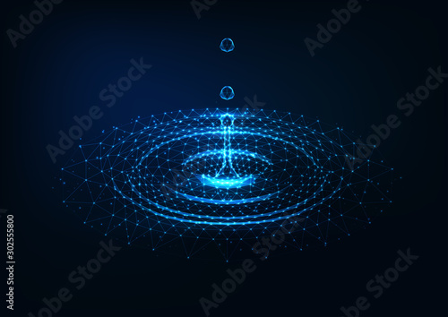 Futuristic glowing low poly falling water drops and water circle ripples on dark blue background.