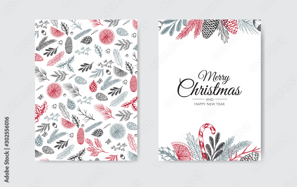 Naklejka premium Merry Christmas and Happy New Year. Xmas background with winter plants