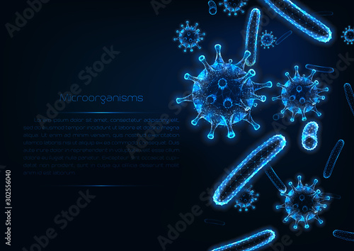 Futuristic immunology web banner with glowing low polygonal virus and bacteria cells.