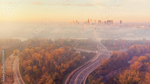 Warsaw city center at dawn aerial view