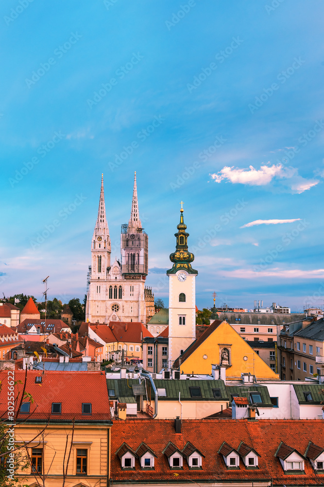 View of Zagreb cathedral and of St. Mary church from Upper town, Zagreb, Croatia