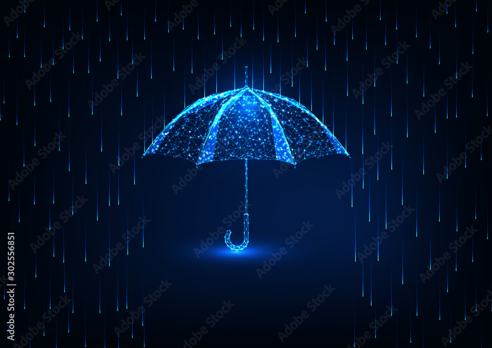 Futuristic protection concept with glow low poly umbrella and rain