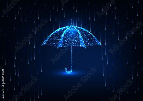 Futuristic protection concept with glow low poly umbrella and rain shower on dark blue background.