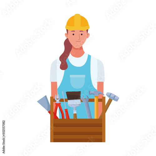 repair worker woman with wooden box with tools
