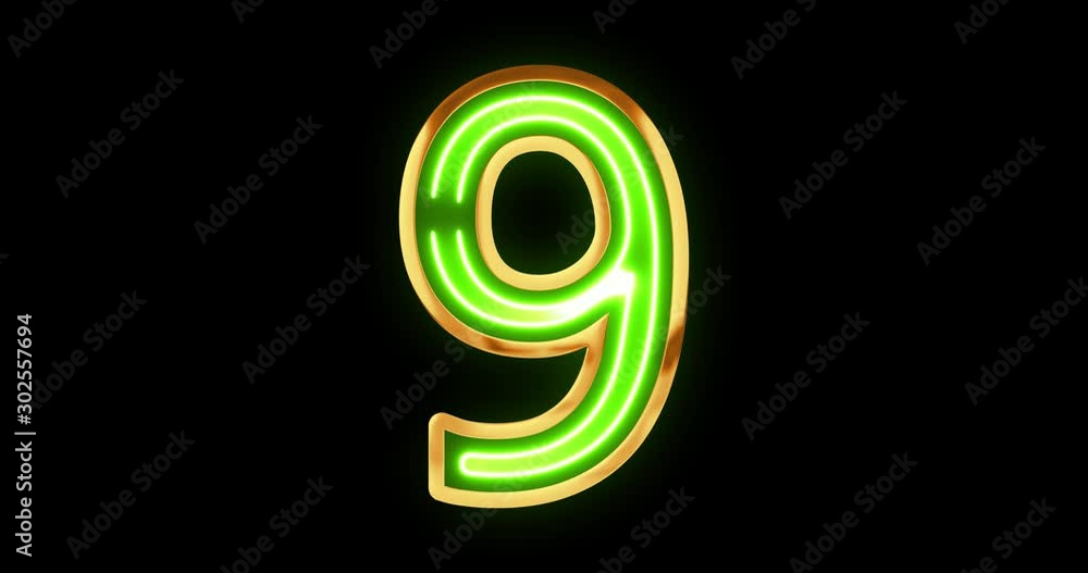 Golden number 9 with green glowing neon light in center Golden number 9 with green glowing neon light in center