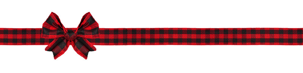 Red and black buffalo plaid Christmas gift bow and ribbon. Long border isolated on a white background.