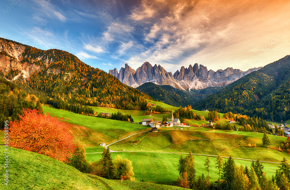 Beautiful landscape of Italian dolomites - Santa maddalena - obrazy, fototapety, plakaty 