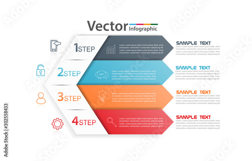 Geometric chart or diagram divided into 4 parts or steps, linear icons and place for text. Concept of four stages of project development. Infographic design template. Vector illustration eps 10 © andreyorb