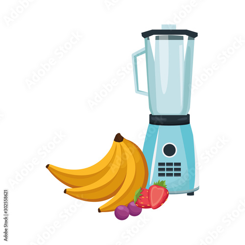 blender with bananas and fruits