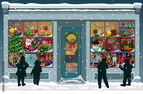 Storefront Christmas window filled with vintage toys, presents and colorful decorations. Silhouettes of children are outside, looking into the windows while snowflakes fall to the snowy sidewalk. 