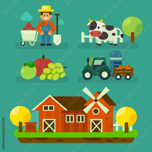 Fototapeta Naklejka Na Ścianę i Meble -  Cartoon farm design with farmer and equipment design. Organic farm element vector illustration 