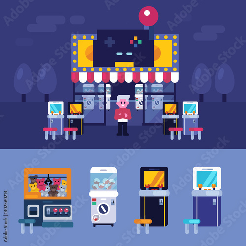 Retro arcade game machine shop vector illustration