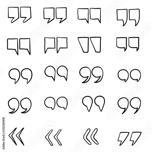 Quotes marks. Quotation marking speech punctuation excerpt commas double comma. Remark button vector set with hand drawn doodle style vector