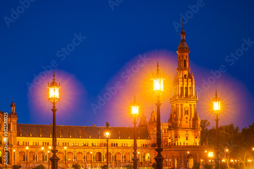Spanish Square in Seville at night, Spain.