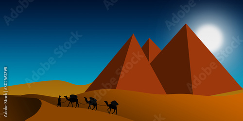 Pyramids with camels walking in the desert