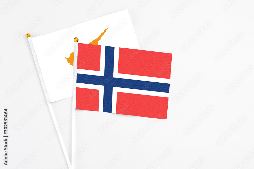 and Cyprus stick flags on white background. High quality fabric, miniature national flag. Peaceful global concept.White floor for copy space.Norway