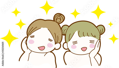 女性　２人　スキンケア　上半身　美容　肌　ツルツル　キラキラ　ピカピカ　美肌　女子