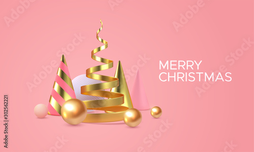 Merry Christmas. Vector holiday illustration. Geometric 3d primitives concept. Minimal style cover. Golden helix, cones and spheres. Party invitation design. Futuristic trendy poster template