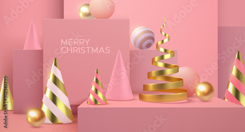 Merry Christmas banner. Geometric 3d primitives concept. Vector holiday illustration. Minimal style cover. Golden and pink abstract shapes. Art installations. Dreamy trendy poster template