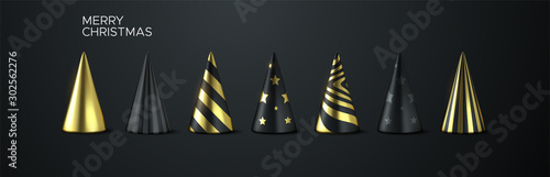 Abstract Christmas tree set. Vector 3d illustration. Black and golden geometric cone shapes. Festive elements for design.