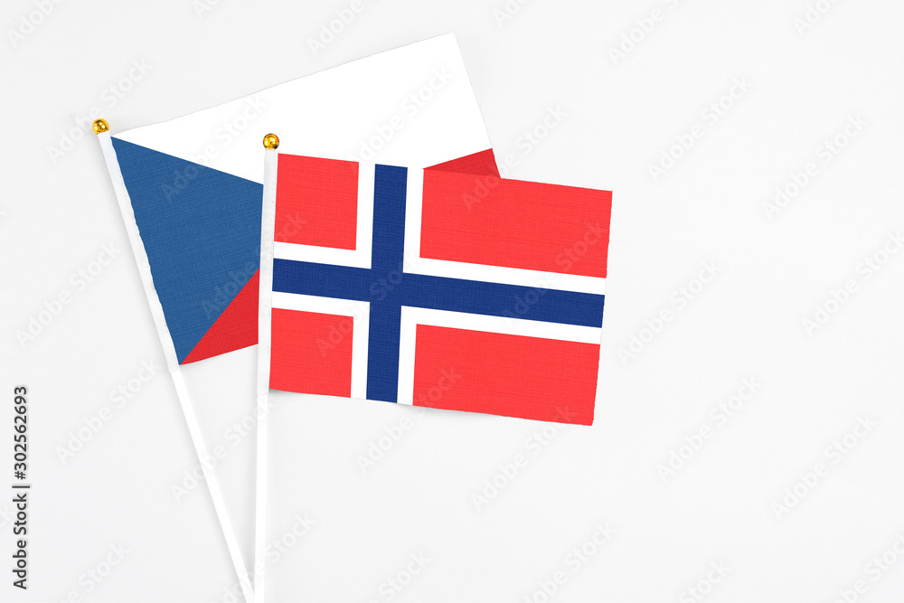 Bouvet Islands and Cyprus stick flags on white background. High quality fabric, miniature national flag. Peaceful global concept.White floor for copy space.