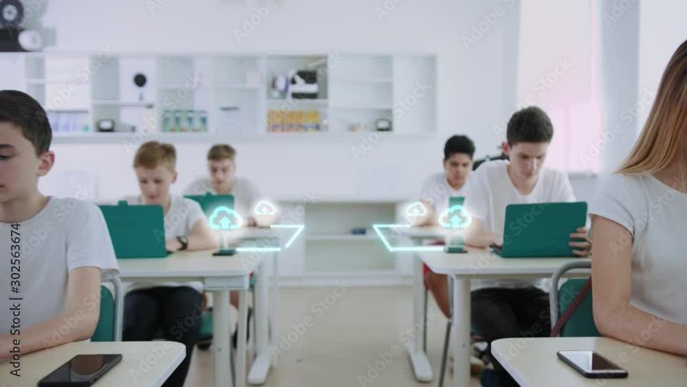 Visualization of Information. Digital Communication. In School Classroom Kids Students Studying by Computers. Technology Connecting Lines Flows into Global Network from Smartphones. Future Education. Visualization of Information. Digital Communication. In School Classroom Kids Students Studying by Computers. Technology Connecting Lines Flows into Global Network from Smartphones. Future Education.
