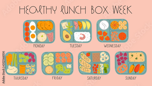 Healthy lunch box ideas for the week. Vector illustration set