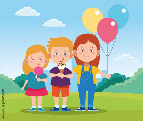 happy children day design with cartoon happy kids and colorful balloons