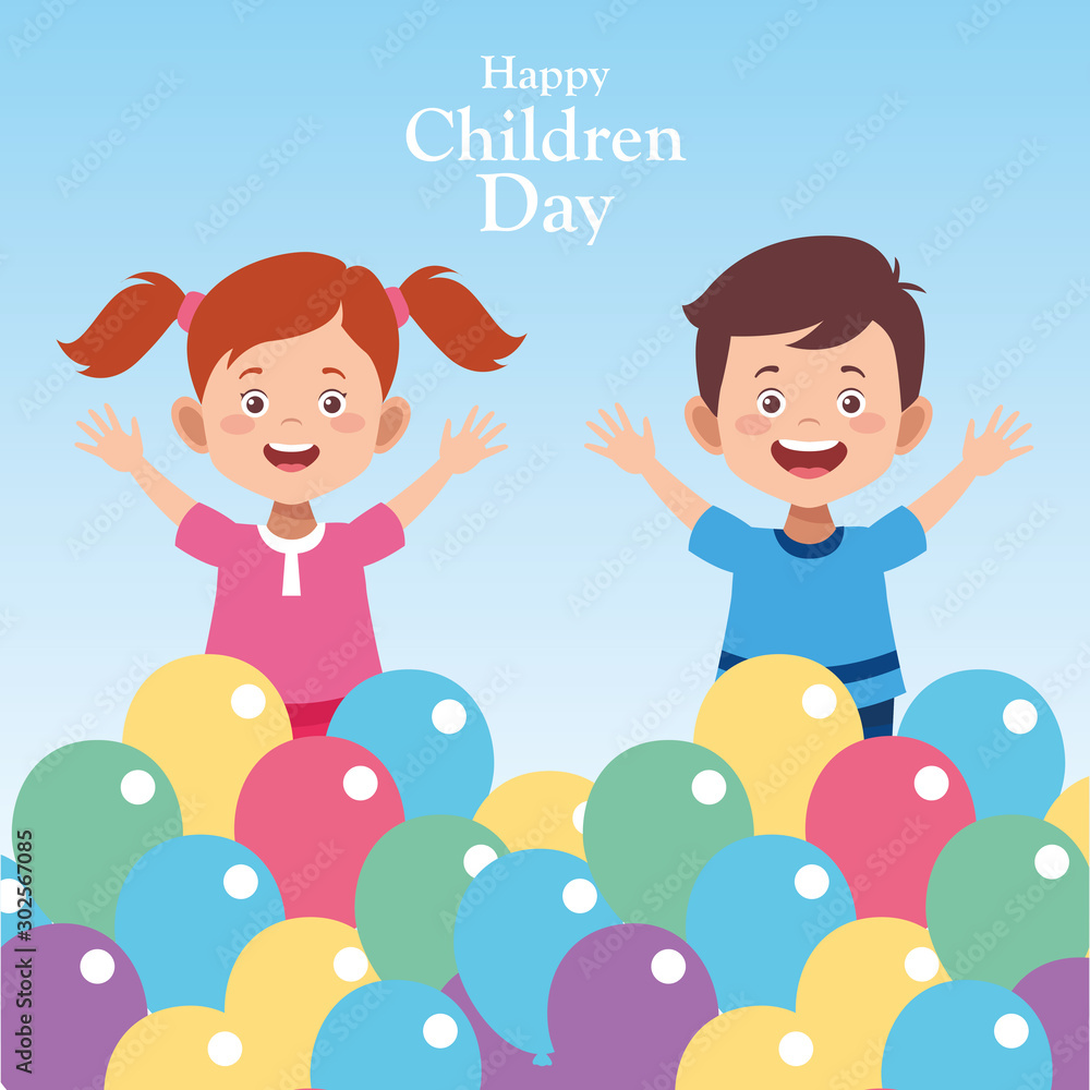 Happy children day design with happy kids around colorful balloons Happy children day design with happy kids around colorful balloons