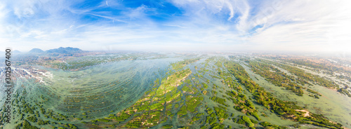 Aerial panoramic 4000 islands Mekong River in Laos, Li Phi waterfalls, famous travel destination backpacker in South East Asia. Braided stream pattern from above.