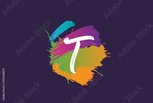 Hand lettering brush initial letter t with colorful paintbrush on dark background template design