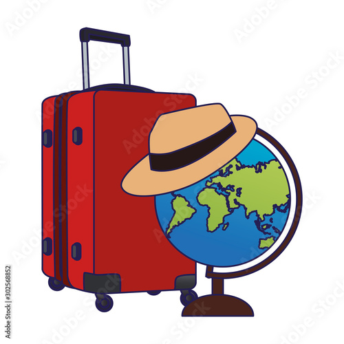 globe with hat and travel luggage icon