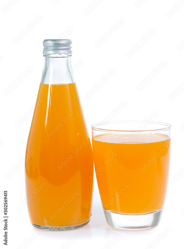 Orange juice in glass bottle isolated on white background Orange juice in glass bottle isolated on white background