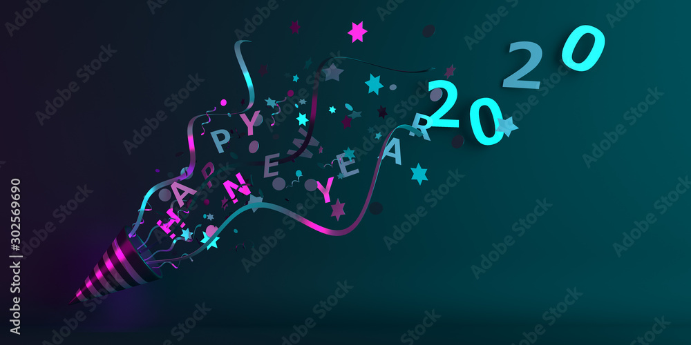 Happy New Year 2020 design creative concept, party popper cone and glittering confetti on green purple gradient background. Copy space text area, 3D rendering illustration. - obrazy, fototapety, plakaty 
