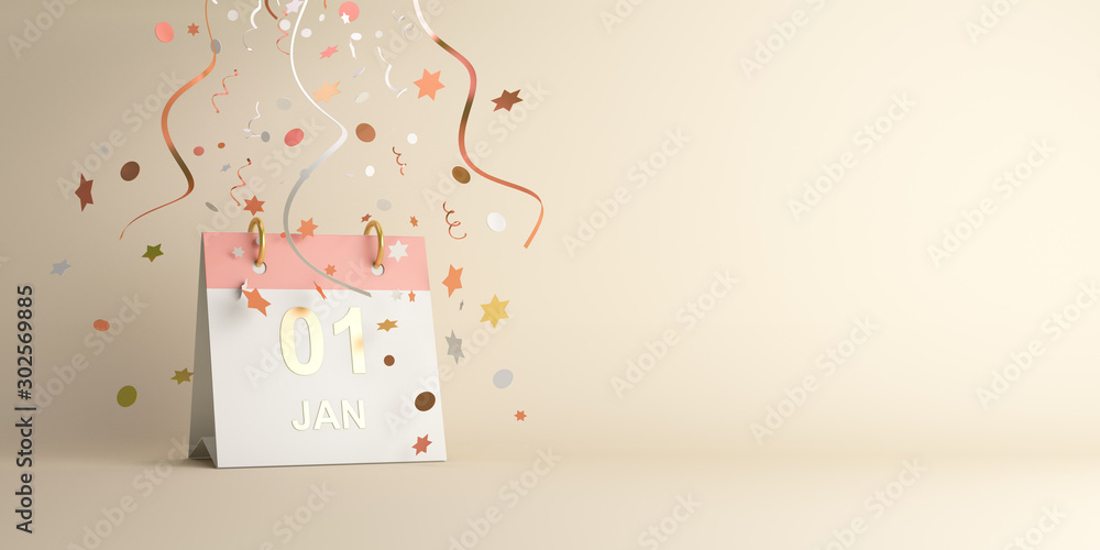 Happy New Year design creative concept, January 1st calendar and glittering confetti on gradient background. Copy space text area, 3D rendering illustration. - obrazy, fototapety, plakaty 