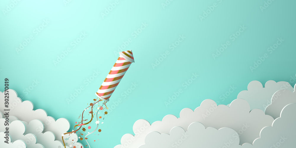 Happy New Year design creative concept, firework rocket, glittering confetti, cloud on green mint background. Copy space text area, 3D rendering illustration. - obrazy, fototapety, plakaty 