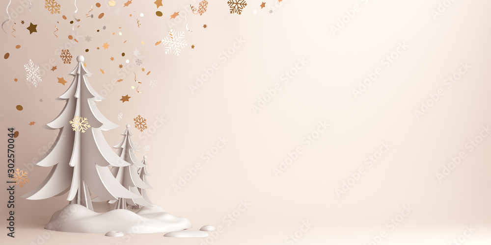 Winter abstract background, pine, spruce, fir tree art paper cut, snow on background studio lighting. Copy space text area, 3D rendering illustration. - obrazy, fototapety, plakaty 