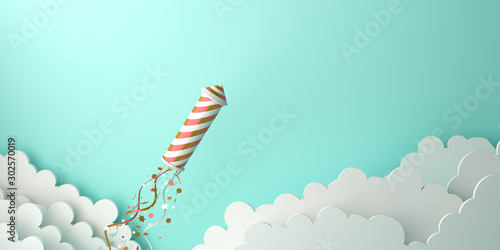 Happy New Year design creative concept, firework rocket, glittering confetti, cloud on green mint background. Copy space text area, 3D rendering illustration.