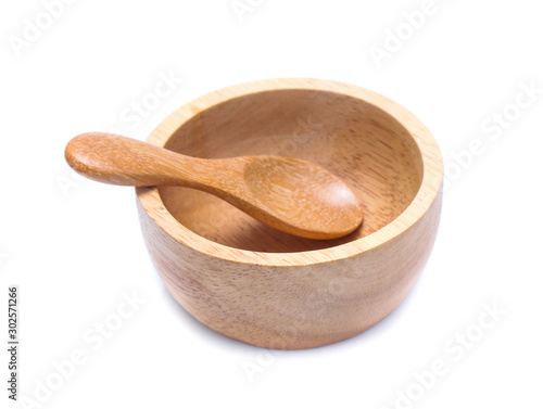 wood bowl with spoon wood isolated on white background