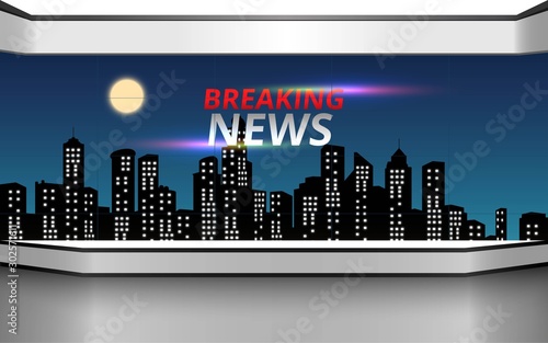 news studio with city in the night background