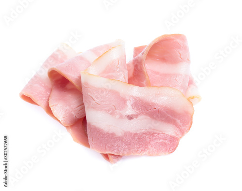 Fresh sliced bacon on white background