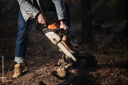 Lumberman work with chainsaw  sawing a tree in the forest. Lifestyle work.  Male hands with a saw in the woods. Detail . Hard work with a saw.
