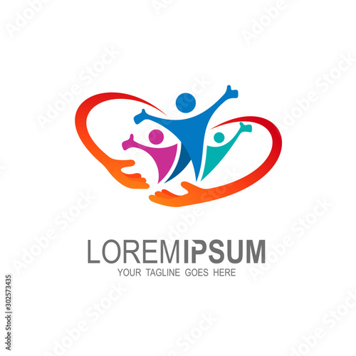 People care logo template, Abstract family icon. Together symbol. Vector logo, heart shape.