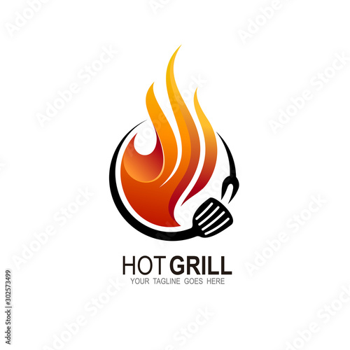 vintage grilled barbecue logo, retro BBQ vector, fire grill food and restaurant icon, Red  fire icon