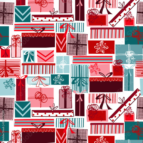 Christmas holiday gift box seamless repeating pattern for fabric, wrapping paper, backgrounds, cards, invitations and more. Vector illustration. Festive, Merry Christmas, red and green.
