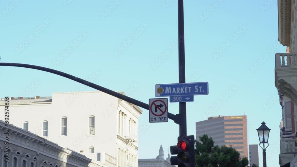 red traffic light in the city. Market street sign San Diego California red traffic light in the city. Market street sign San Diego California